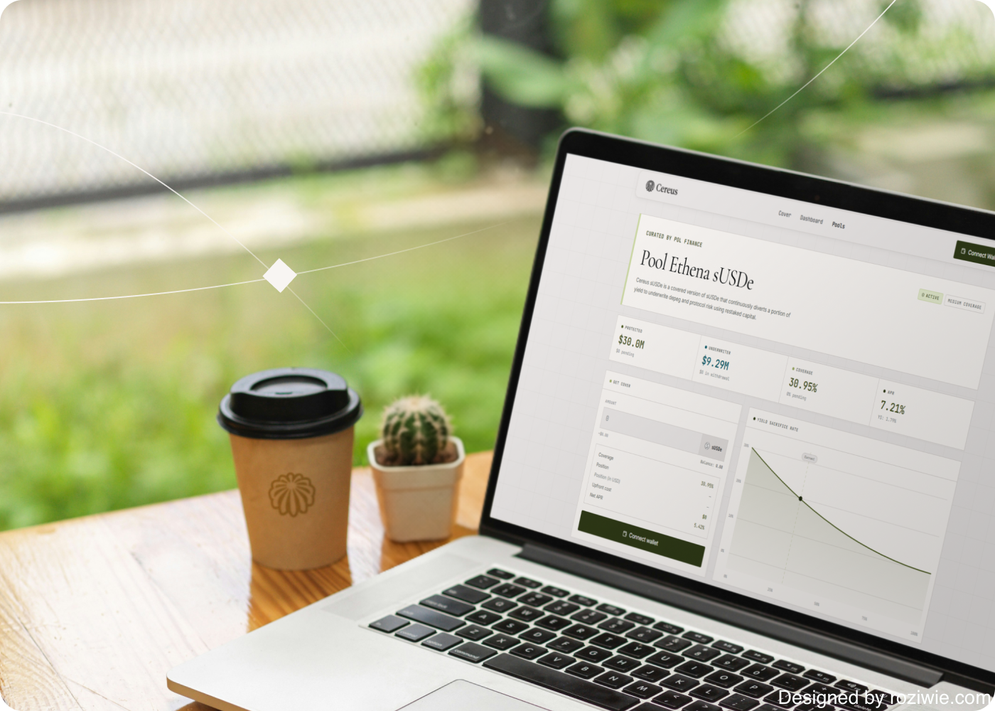Laptop on an outdoor wooden table beside a coffee cup and a small cactus, displaying the Cereus "Pool Ethena sUSDe" page with protected capital, coverage, APR and the yield sacrifice curve