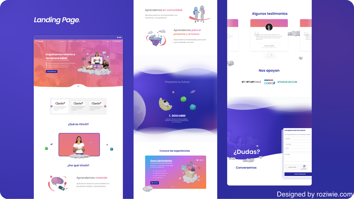 VinciU landing page laid out in three scrolling sections: hero with press mentions, "why VinciU" blocks with 3D illustrations, the learning journey and experience cards, plus testimonials, backer logos (Start-Up Chile, CORFO, Endeavor) and a contact form