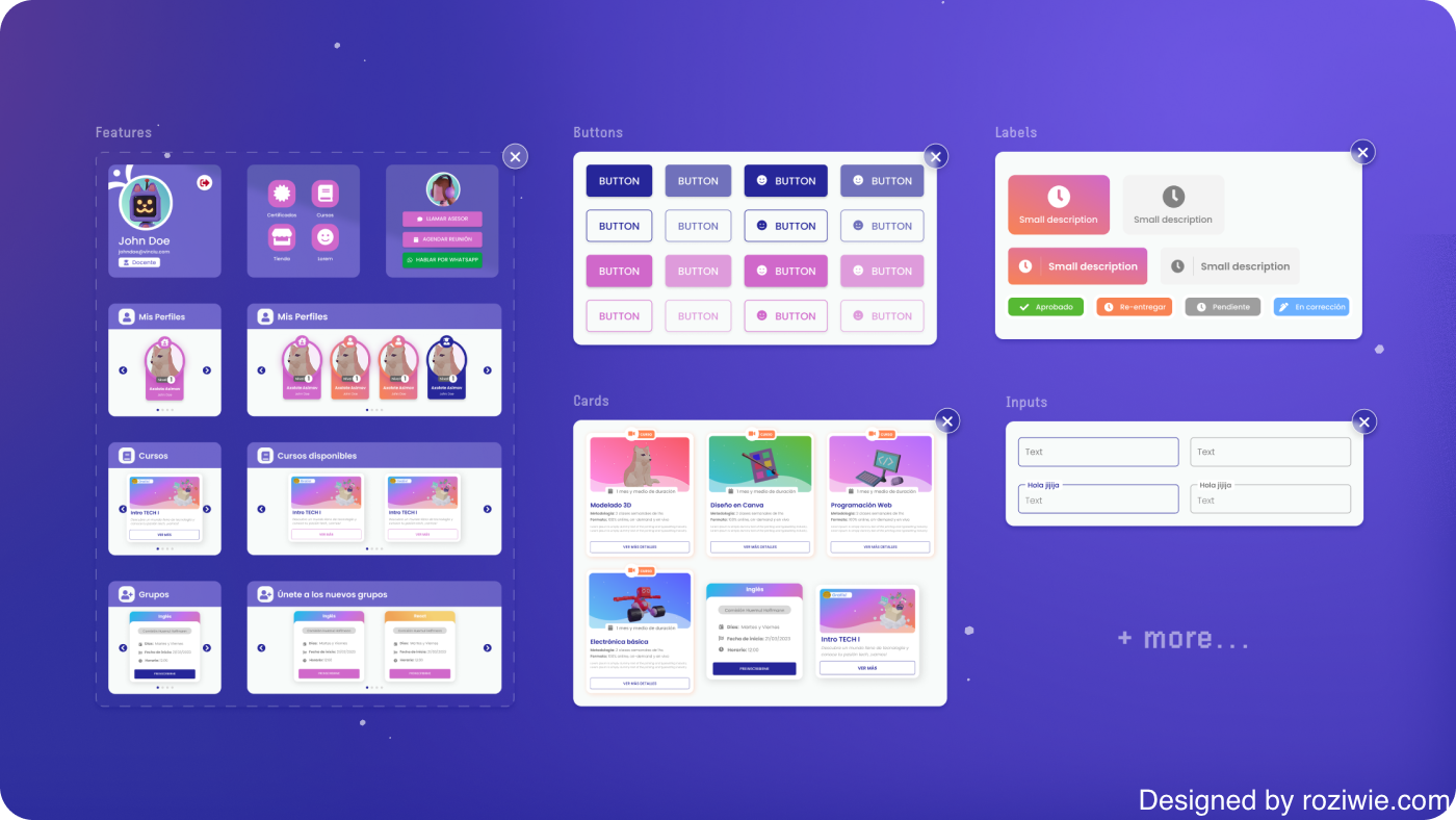 VinciU design system overview grouping the UI library into features, buttons, labels, cards and inputs, showing each component across its color and state variants
