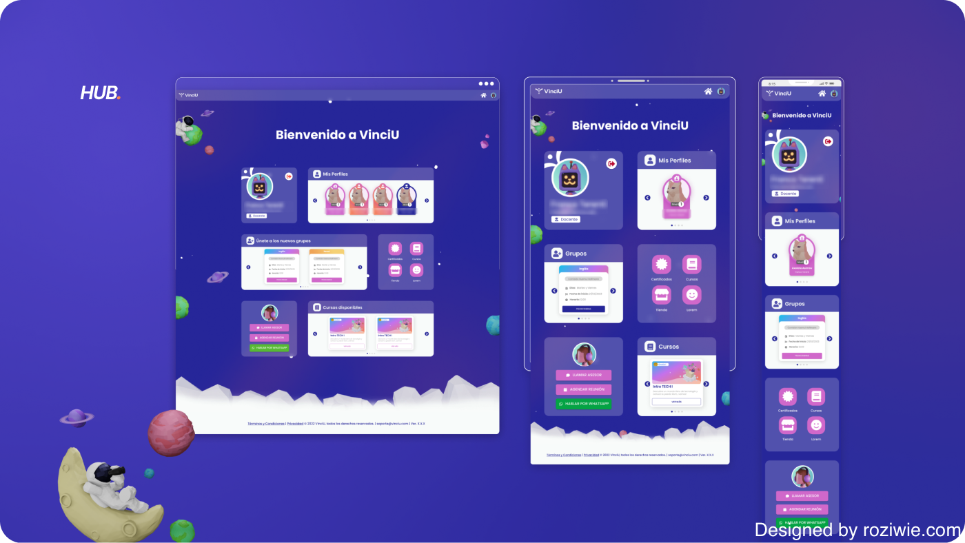 VinciU Hub welcome screen shown responsively on desktop, tablet and mobile, with profile switcher, group and course carousels and advisor contact actions over a low-poly space illustration