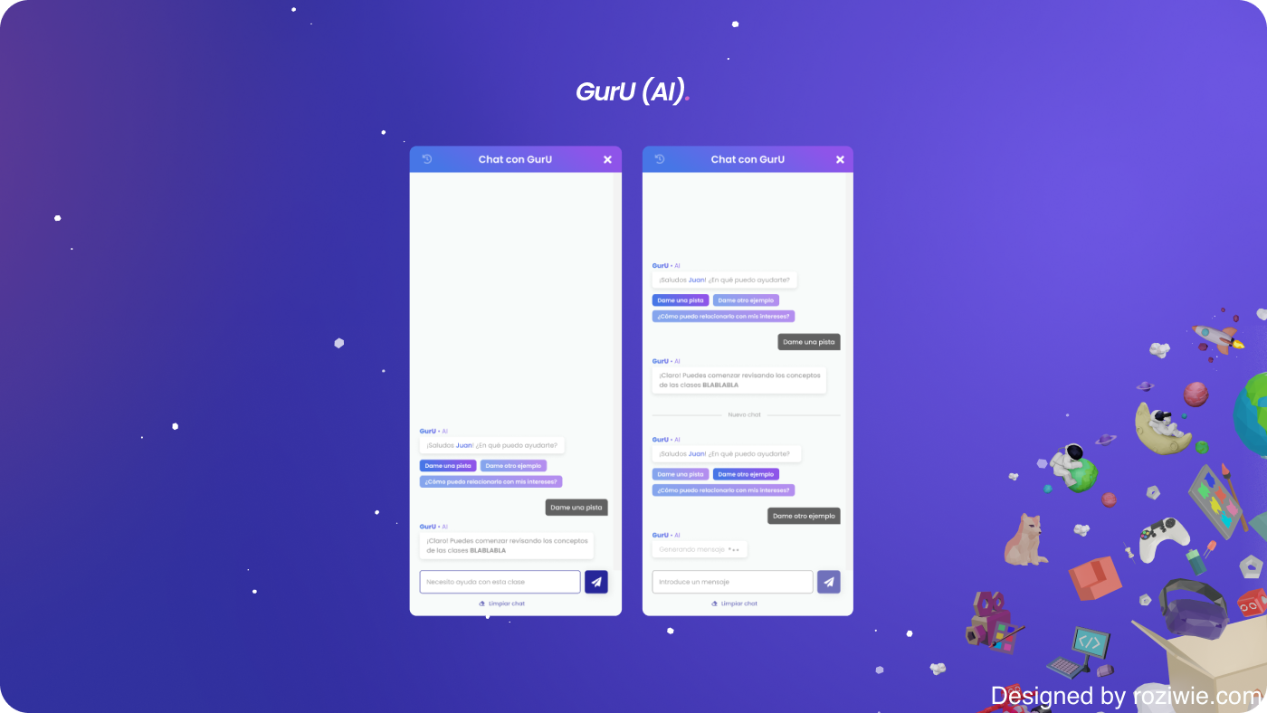 GurU (AI) chat panel in two states — empty conversation with suggested prompts, and an active thread where the assistant offers hints and examples — beside a cluster of 3D tech and gaming objects