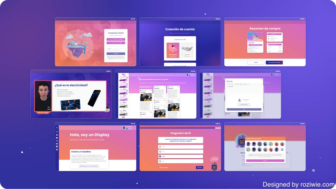 Grid of nine VinciU product screens on a purple backdrop: login and account creation, purchase summary, a live class slide, a student submissions feed, a rich-text assignment modal, a display component page, a twelve-question programming quiz and an avatar customization dialog
