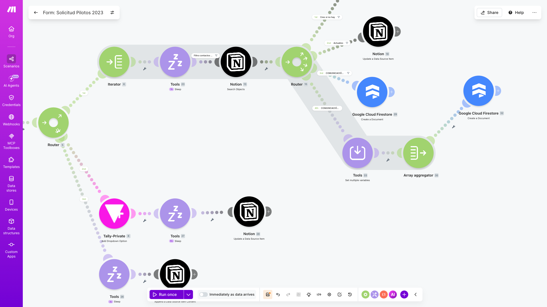 Make.com scenario automating a pilot application form, routing data between Tally, Notion and Google Cloud Firestore modules