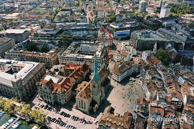 Aerial drone photograph over ZURICH, Switzerland from 47.36958983523196, 8.540035486221315 on 2024-05-10. Exposure 100 · f5 · 10mm.