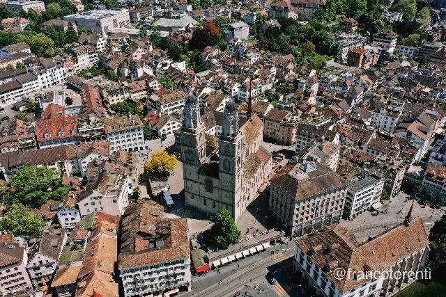 Aerial drone photograph over ZURICH, Switzerland from 47.370759693647834, 8.541215658187868 on 2024-05-10. Exposure 100 · f5.6 · 10mm.